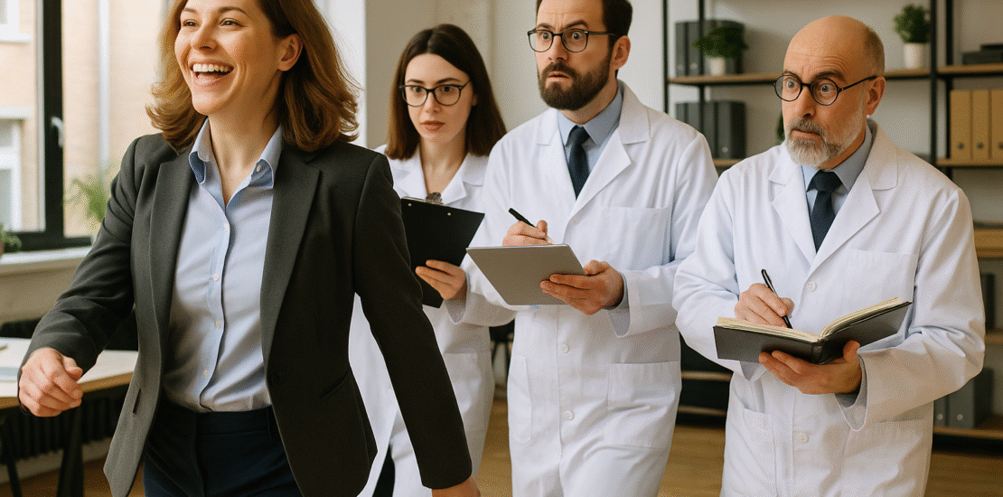 En leder der bliver fulgt af tre forskere.