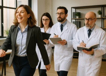 En leder der bliver fulgt af tre forskere.