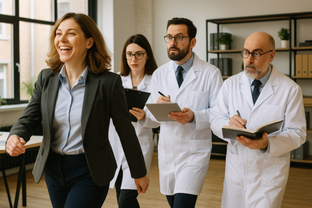 En leder der bliver fulgt af tre forskere.