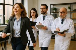 En leder der bliver fulgt af tre forskere.